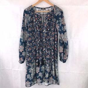 SHEIN Blue Floral Midi Key Hole Tussle Neckline Tunic Dress Size S